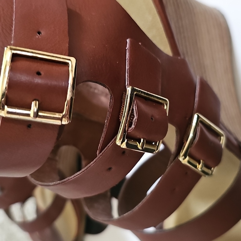Nine West Brown StrappyLeather  Wedge Sandals - Picture 2 of 8